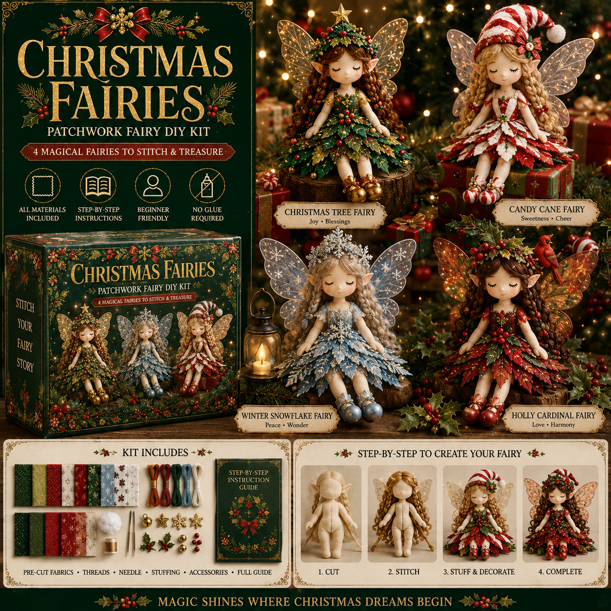 🧚 Handmade Christmas Fairy DIY Sewing Kit, 4Pcs Xmas Ornament Craft Gift