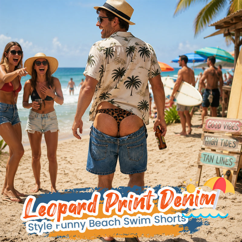 🐆 Novelty Leopard‑Print Denim‑Illusion Swim Shorts | Funny Eye‑Catching Beach Pool Party Trunks