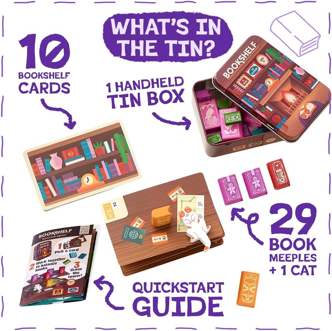 📚Bookshelf Cooperative Stacking Game | Skill & Balance Card and Book Tower Game in Travel Tin