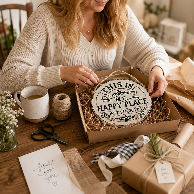 Vintage Country Style Humorous Welcome Sign | "This Is My Happy Place" Runde Hausnummernschilder aus Metall
