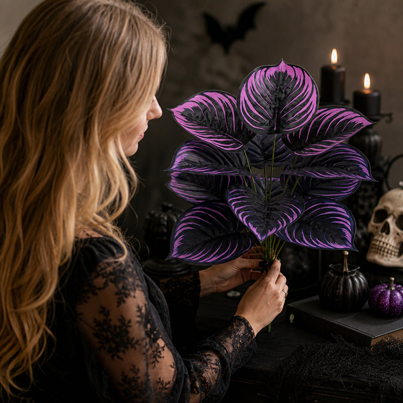 🏡🖤Artificial Purple Calathea Plant – Gothic Fall & Halloween Faux Plant