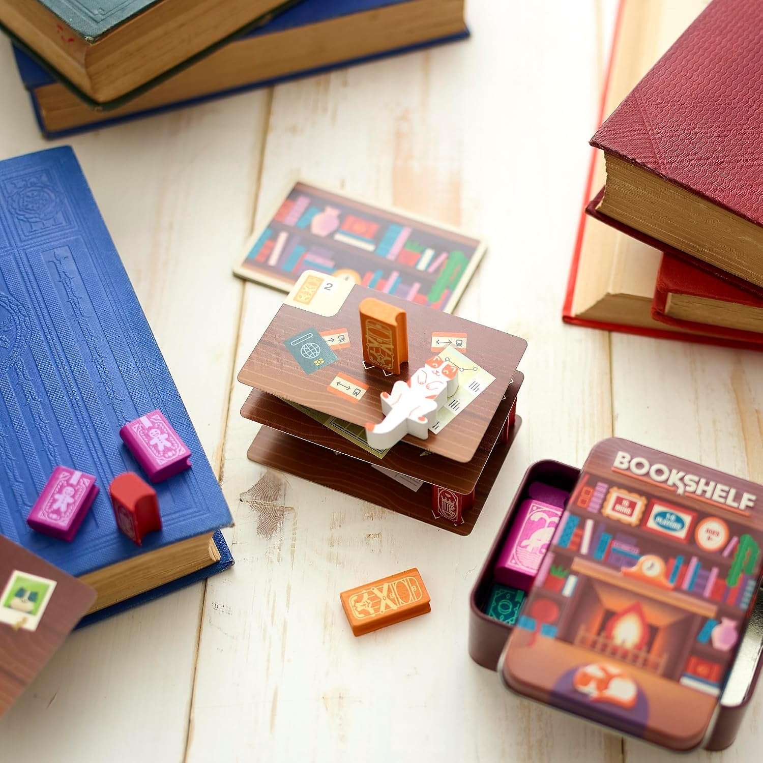 📚Bookshelf Cooperative Stacking Game | Skill & Balance Card and Book Tower Game in Travel Tin