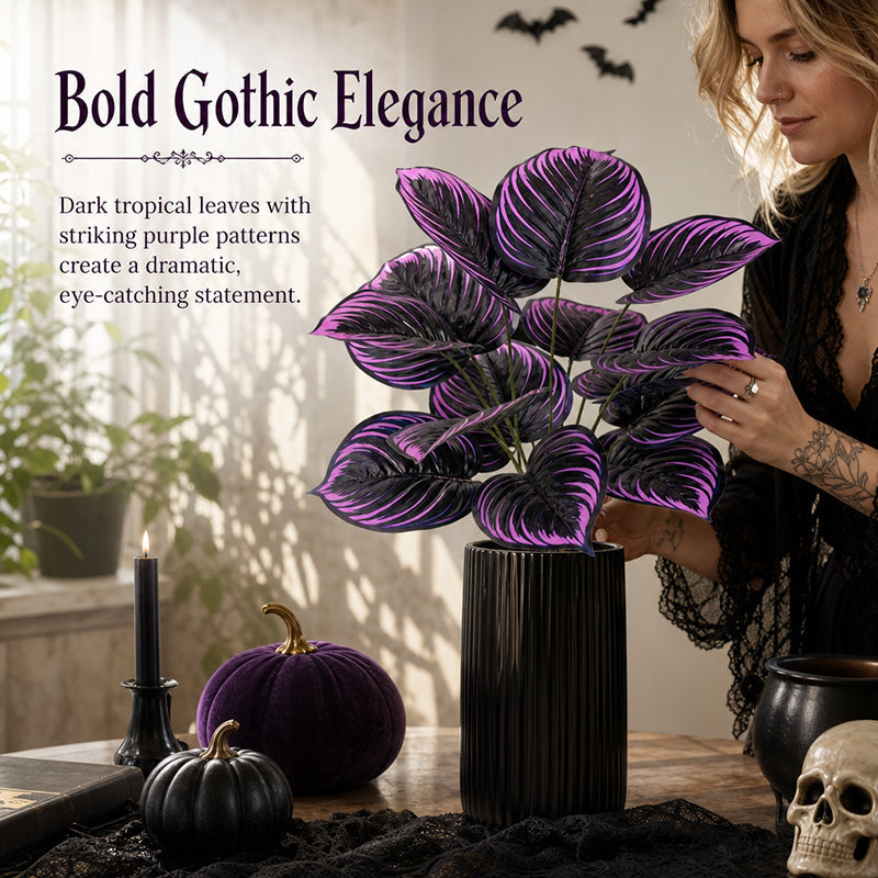 🏡🖤Artificial Purple Calathea Plant – Gothic Fall & Halloween Faux Plant