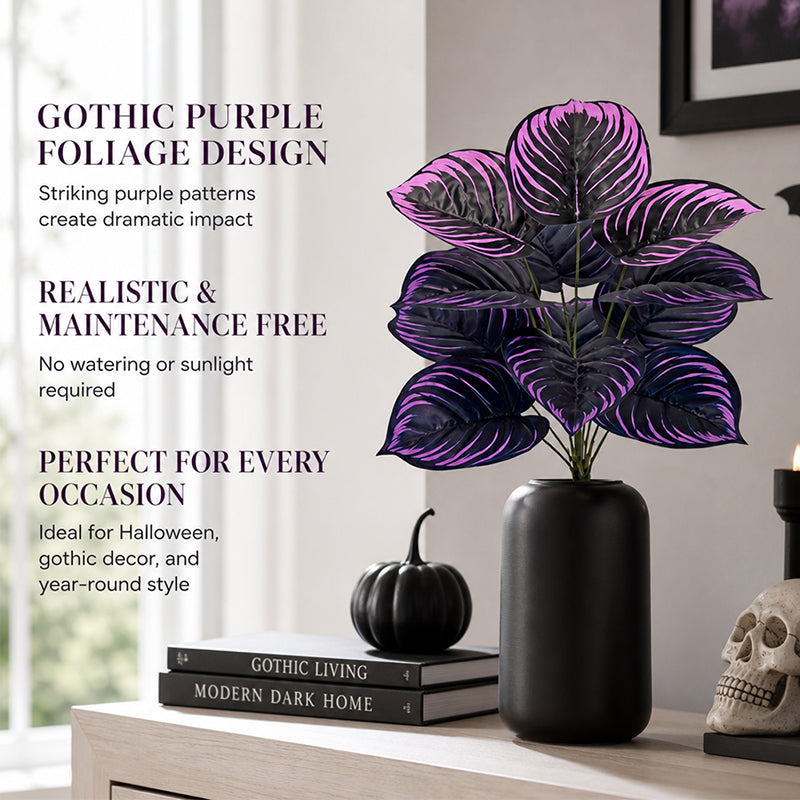 🏡🖤Artificial Purple Calathea Plant – Gothic Fall & Halloween Faux Plant
