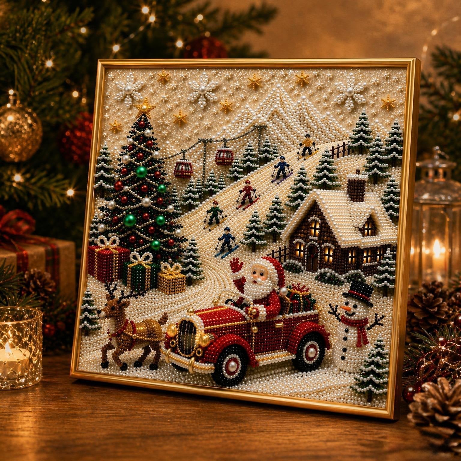 🎄🎅 Premium 3D Pearl Christmas Wall Art Kit | Luxury Flocked Canvas with Scratch-Resistant Non-Fading Pearl Beads DIY Holiday Decor ⛄️❄️