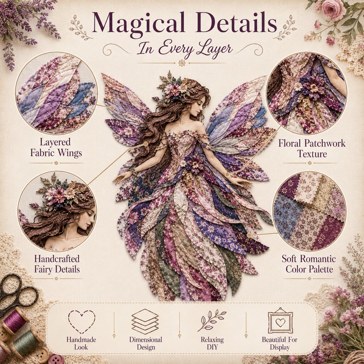 🧚‍♀️🌸 Premium DIY Kit ‘Fairy Patchwork’ | High-quality layered fabric with floral wings – DIY handmade fantasy wall decor ✨